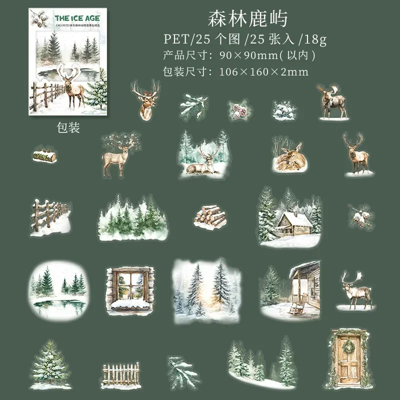 25Sheets Animal Scenic Sticker Ice Age Collection package Winter Forest Stationery Supplies Package Scrapbook cut 160*106mm