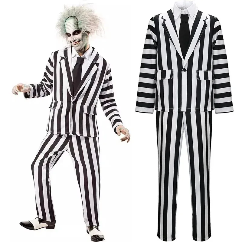 

HAni 2025 Movie Juice Cosplay Costumes Adult Unisex Black White Stripe Suit Uniform Halloween Clown Outfit Performance ☆★ww