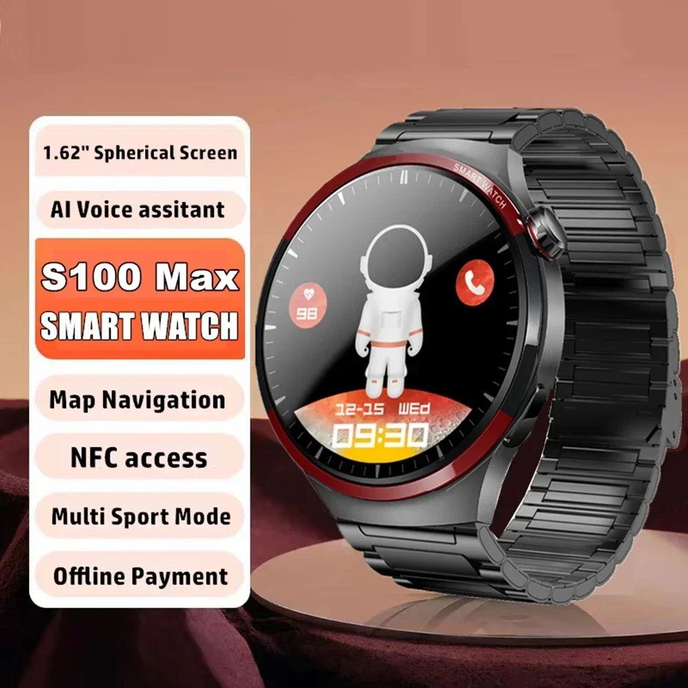 

New S100 Max Watch Pro Men 1.62 " Spherical Screen AI Voice Assistant BT Call Offline Payment NFC Women Sports Smartwatch 2024