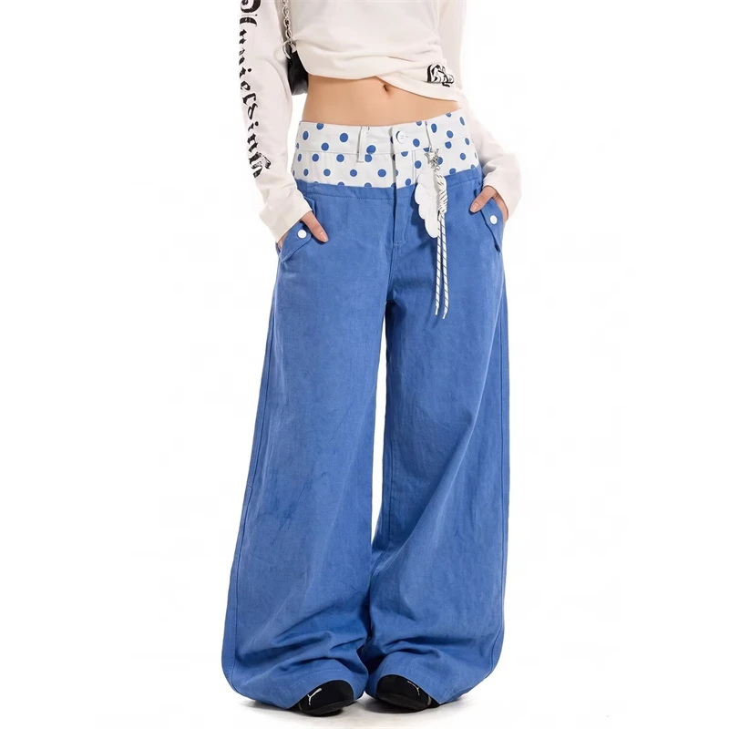 Women's Splicing Fake Two Piece Design Street Hip-hop Bottoms Casual Pants High Waist Trousers Female Wide Leg Blue Sweatpants