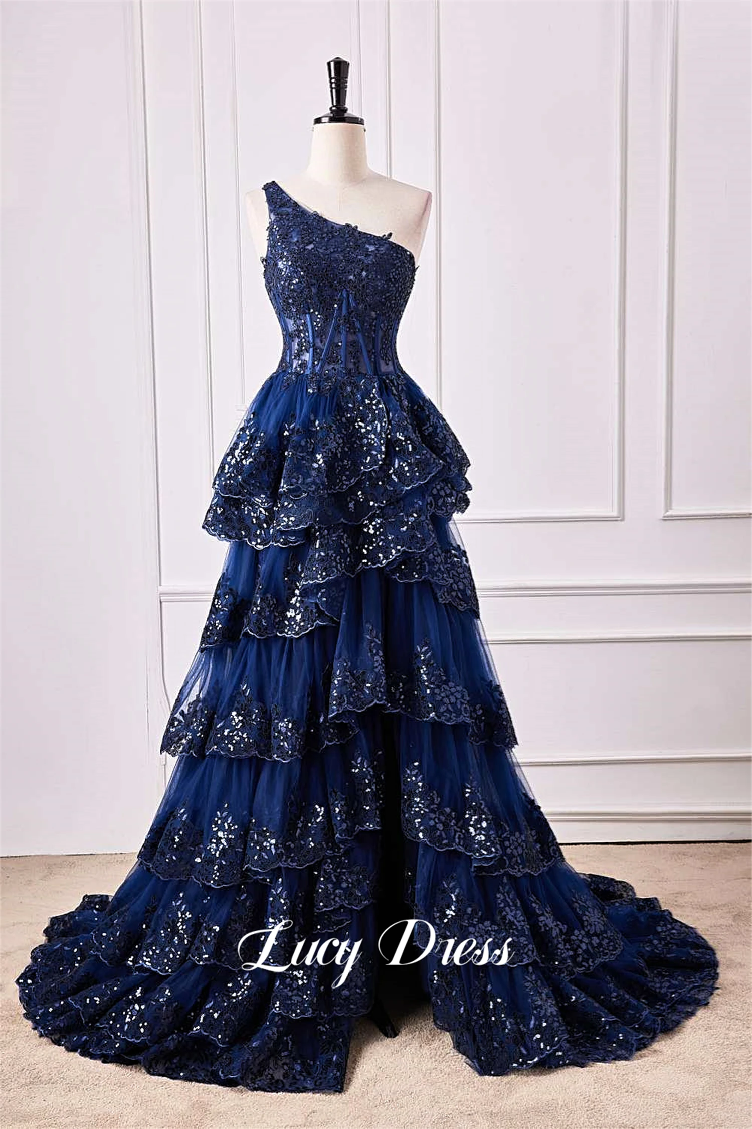 Graduation Gown Sparkly Lace Layered Ball Navy Blue Special Occasion Dresses for Formal Occasions Wedding Dress Customized Prom