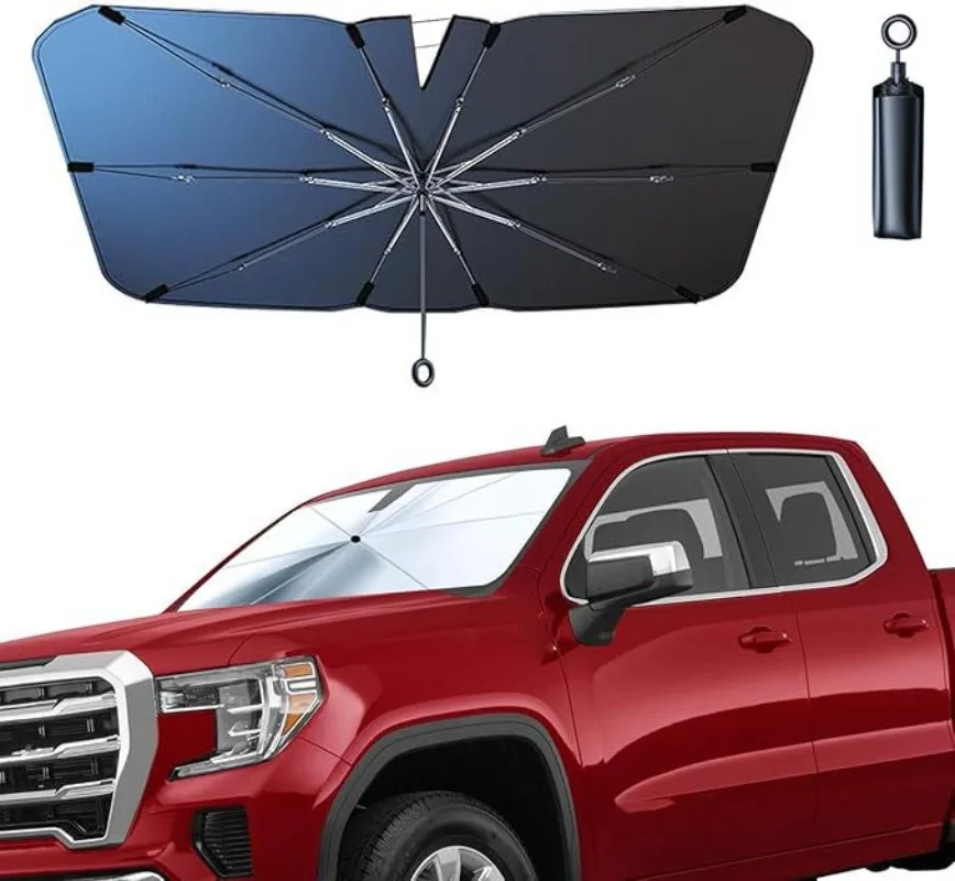 Foldable Titanium Silver Car Windshield Sunshade Umbrella UV Heat Insulation With Storage Pouch Automotive Summer Accessory