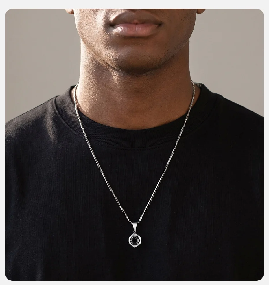 Vnox Herren-Schmuckset aus Edelstahl, Hexagon-Halskette mit schwarzem Zirkon und Armband mit Panzerkette, Punk-Hip-Hop-Männer-Accessoire, Geschenk – Detail 8