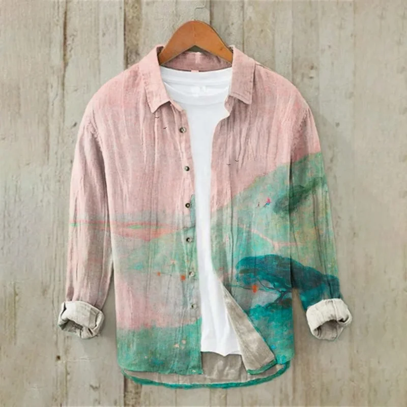 

Retro Landscape Print Long Sleeve Shirt Autumn 2025 Lapel Collar Outdoors Wear Fashion Buttons Men's Oversized Chic Blouses