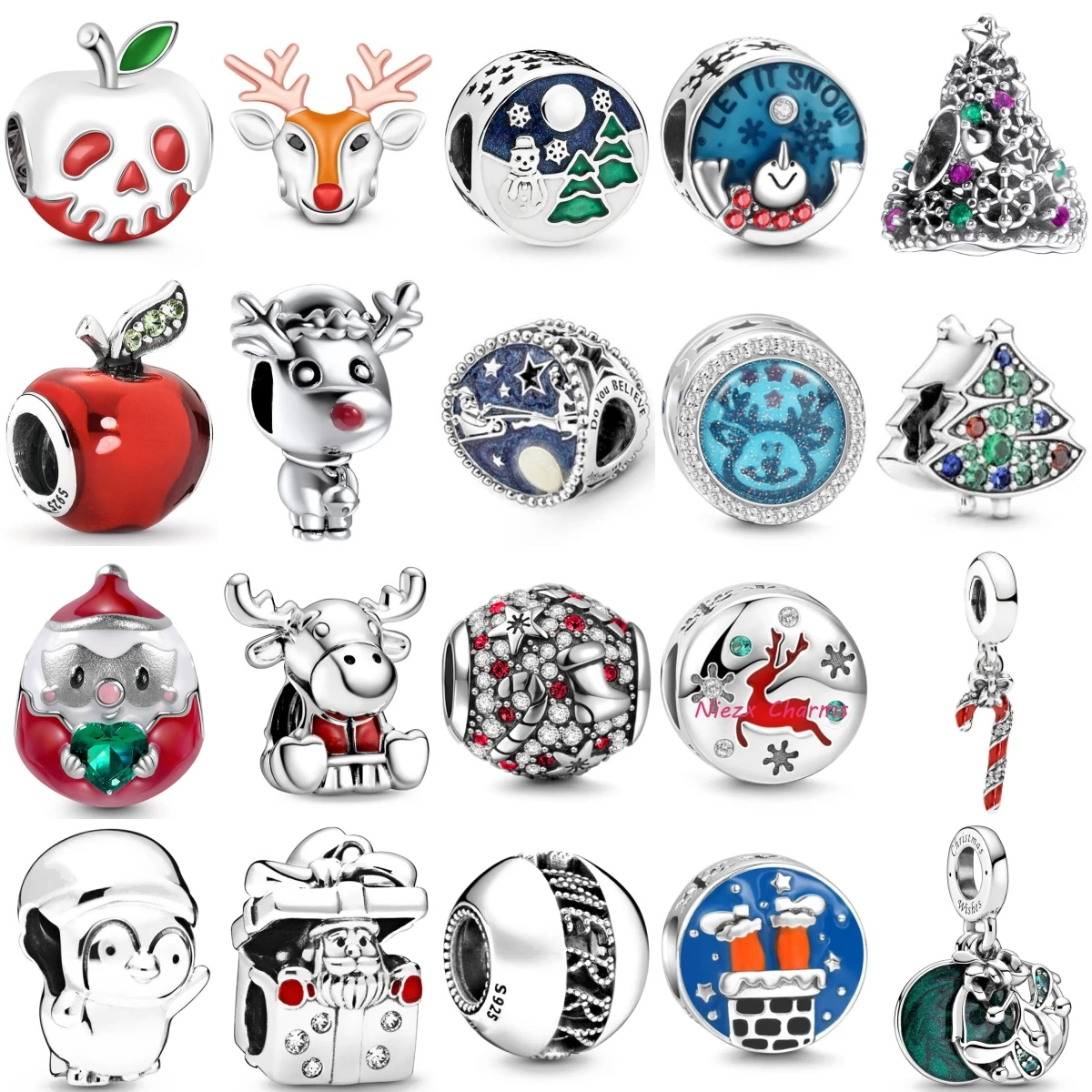 

New 925 Pure Silver Christmas Series Apple Elk Crutch Charm Beads Fit Bracelets Original DIY Fashion For Women Party Gifts