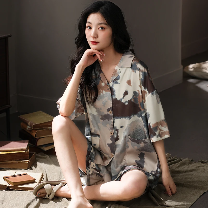 New Summer Pajamas Women's Print Pyjamas Elastic Waist Sleepwear Set Cute Shorts Home Clothing For Sleeping Nightwear Suits Girl