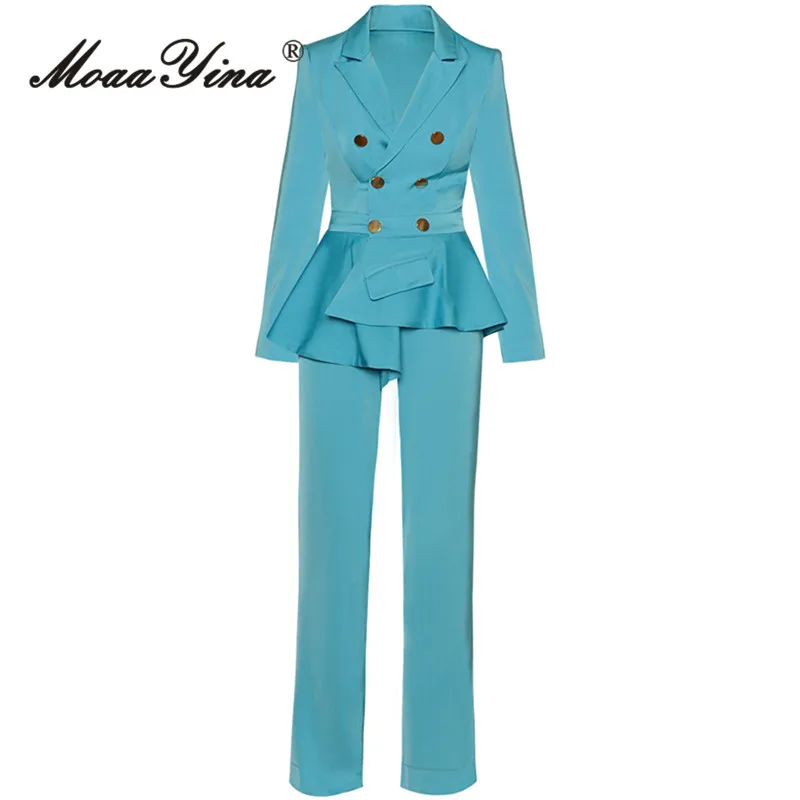 

MoaaYina Spring Autumn Fashion Designer Lake Blue Vintage Jumpsuit Women Lapel Button Ruffles Regular Waist Straight Jumpsuit