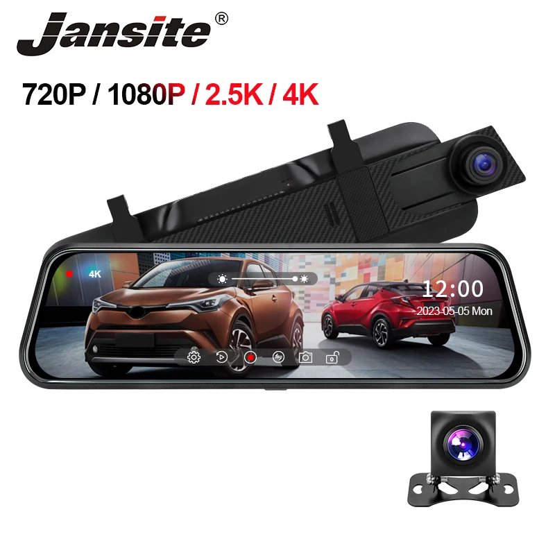 Jansite 10 Inch 4K/2.5K/1080P Car DVR Mirror Touch Screen Video Recorder Dual Lens Rear view Dash Cam Mirror 1080P Rear Camera