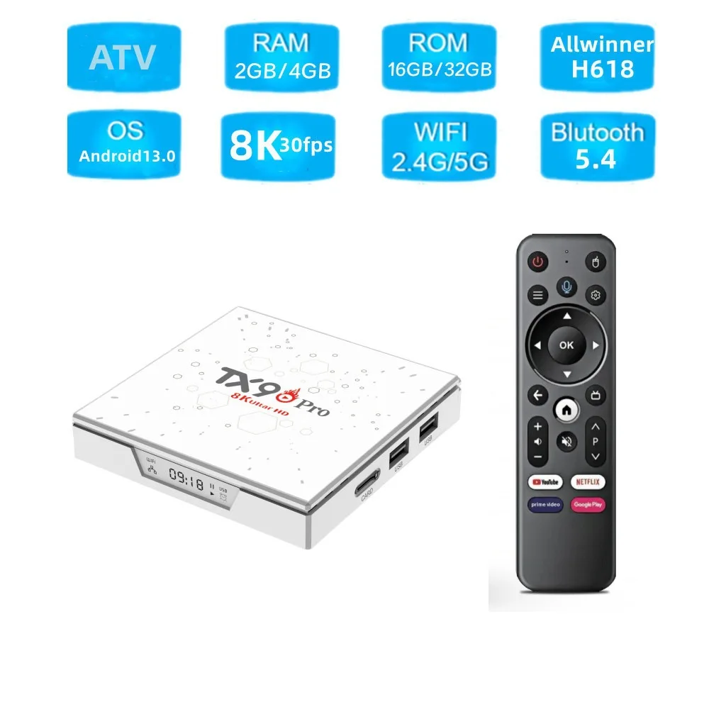 TX90 PRO-Set Top TV Box, Android 13, 2GB, 16GB, 8K, Allwinner H618, BT5.4, Novo, 2022