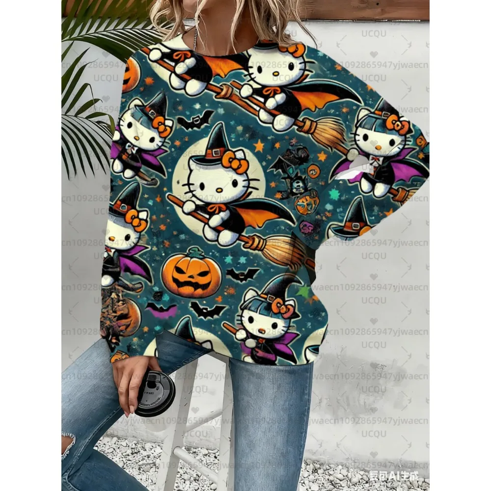 Women's Halloween Hello Kitty Racing Graphic Sweatshirt Black Casual Pullover Fall/Winter Outdoor Activities Men's Sweatshirt