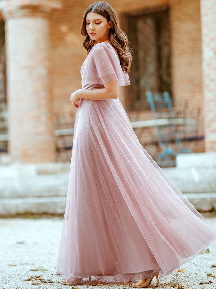 Plus Size Tulle Evening Dress with Deep V Neck Women\'s Short Sleeve Summer Tulle Bridesmaid Dresses for Wedding Pink Bridesmaid