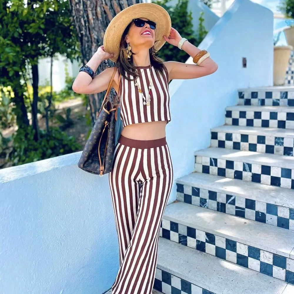 2024 Summer New Fashionable Women\'s Wear Elegant Design with European and American Style Knitted Stripe Top&Pant Set