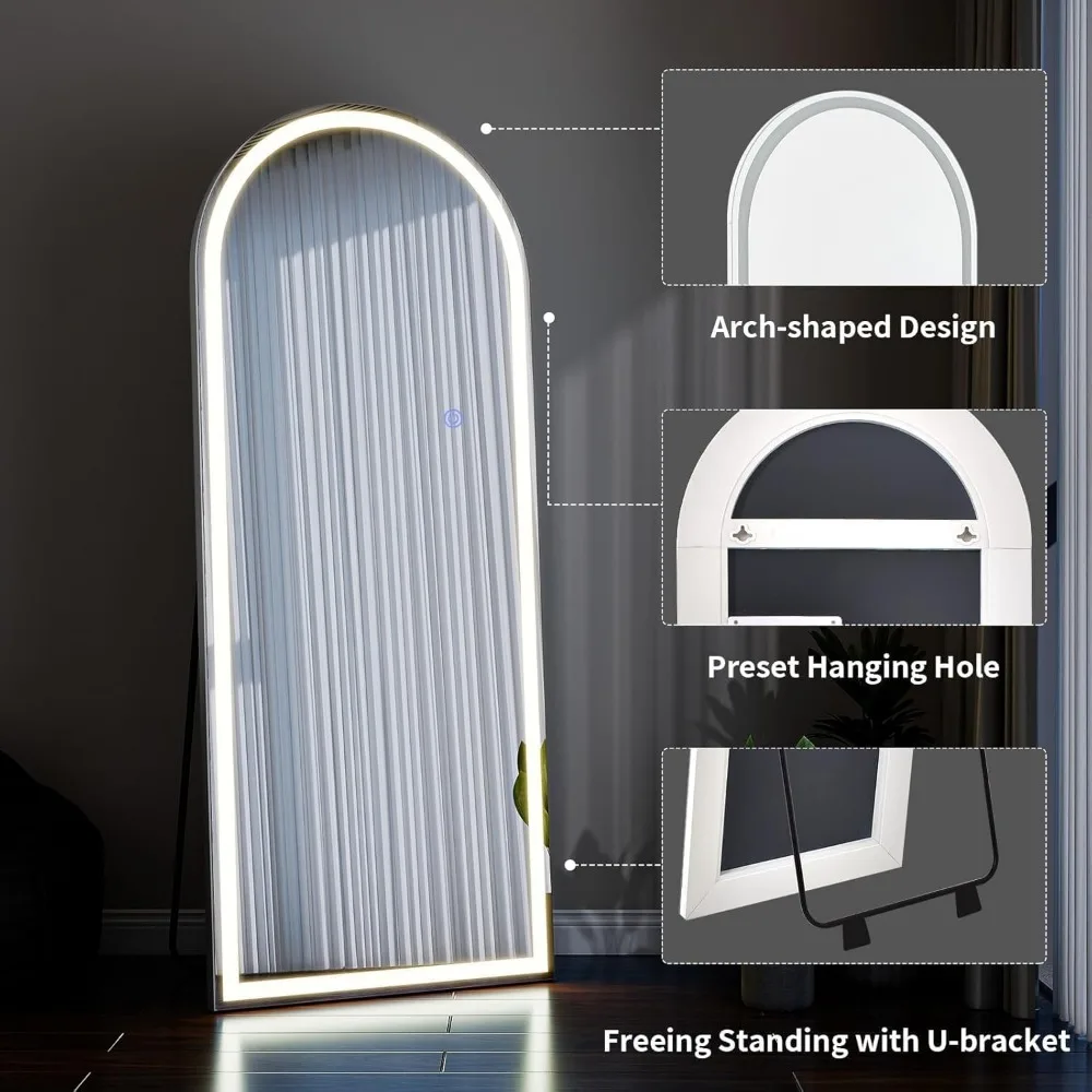 LED Full-Length Arched Floor Mirror with Dimmable Lights, 3 Color Modes, Standing or Wall Mounted for Body Viewing