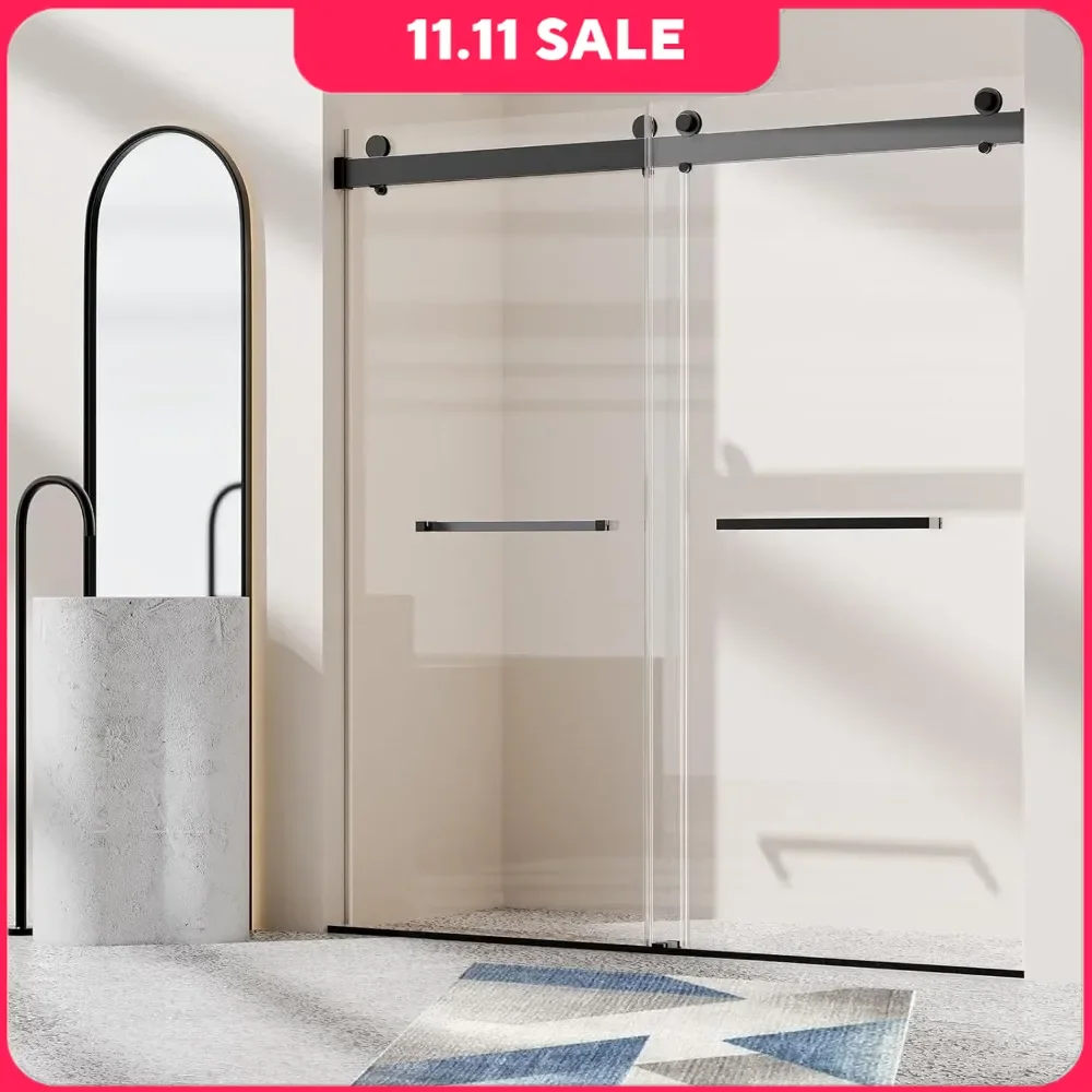 Shower Door, 68-72 W X 76 H Frameless Double SlidingShower Door in , 3/8 Inches (10mm) Thick Tempered Glass Door, Shower Door