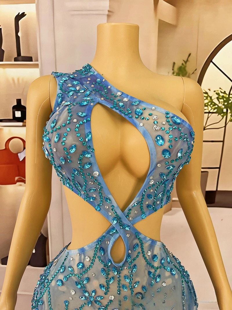 Niche Pauw Blauw Temperament Jurk Sexy Cocktail Party Avondjurk Studio Tentoonstellingshal Model Catwalk Prestatiekleding