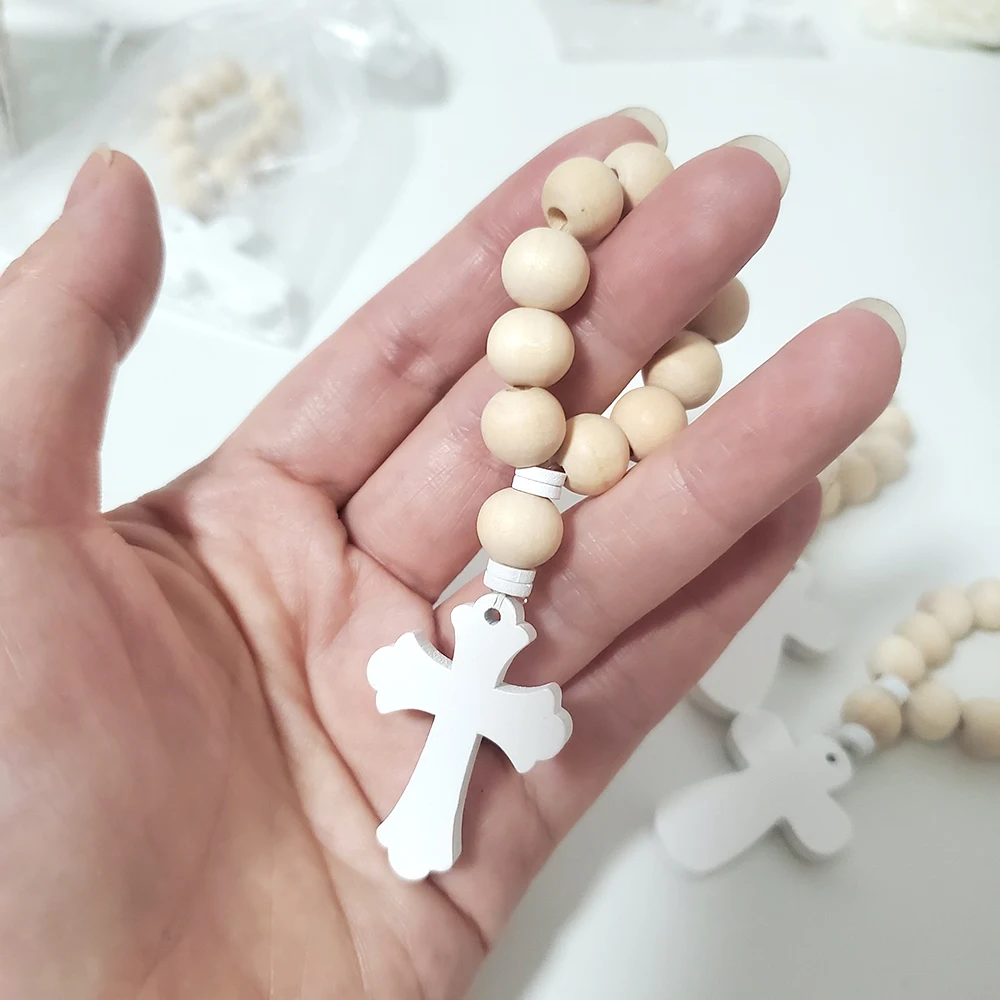 6-24PCS Wooden Rosary Wood Bulk Catholic with Crucifix Wooden Cross Pendant with White Mesh Bags Box for Baptism First Communion