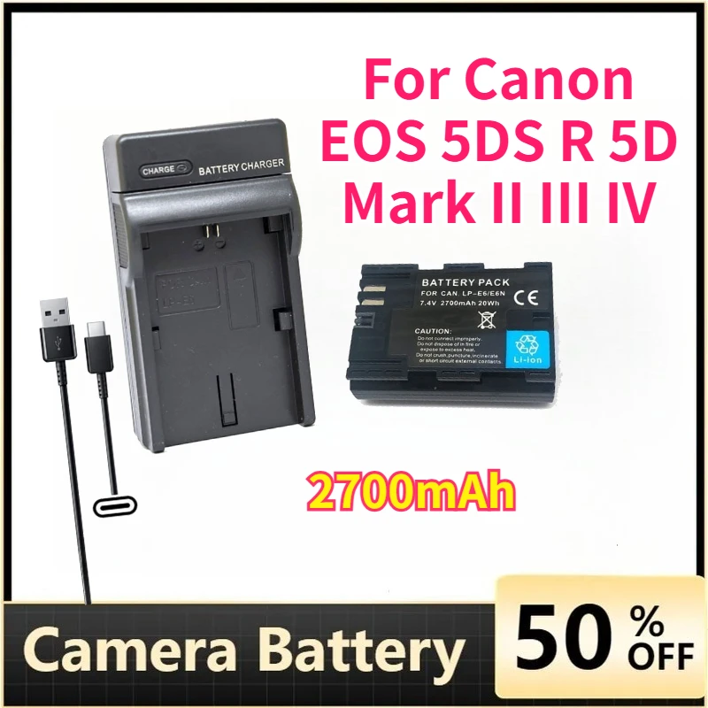 

2700mAh LP-E6 E6N Camera Battery for Canon EOS 5DS R 5D Mark II III IV 5D2 5D3 5D4 6D 60Da 7D 7D2 70D 80D 90D R5 R6