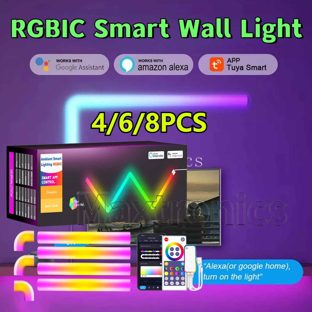 

4/6/8pcs RGBIC Smart Wall Light Spliceable Bluetooth/TUYA WiFi With Remote Control for Indoor TV Bedroom Game Room Bar Decor 12V