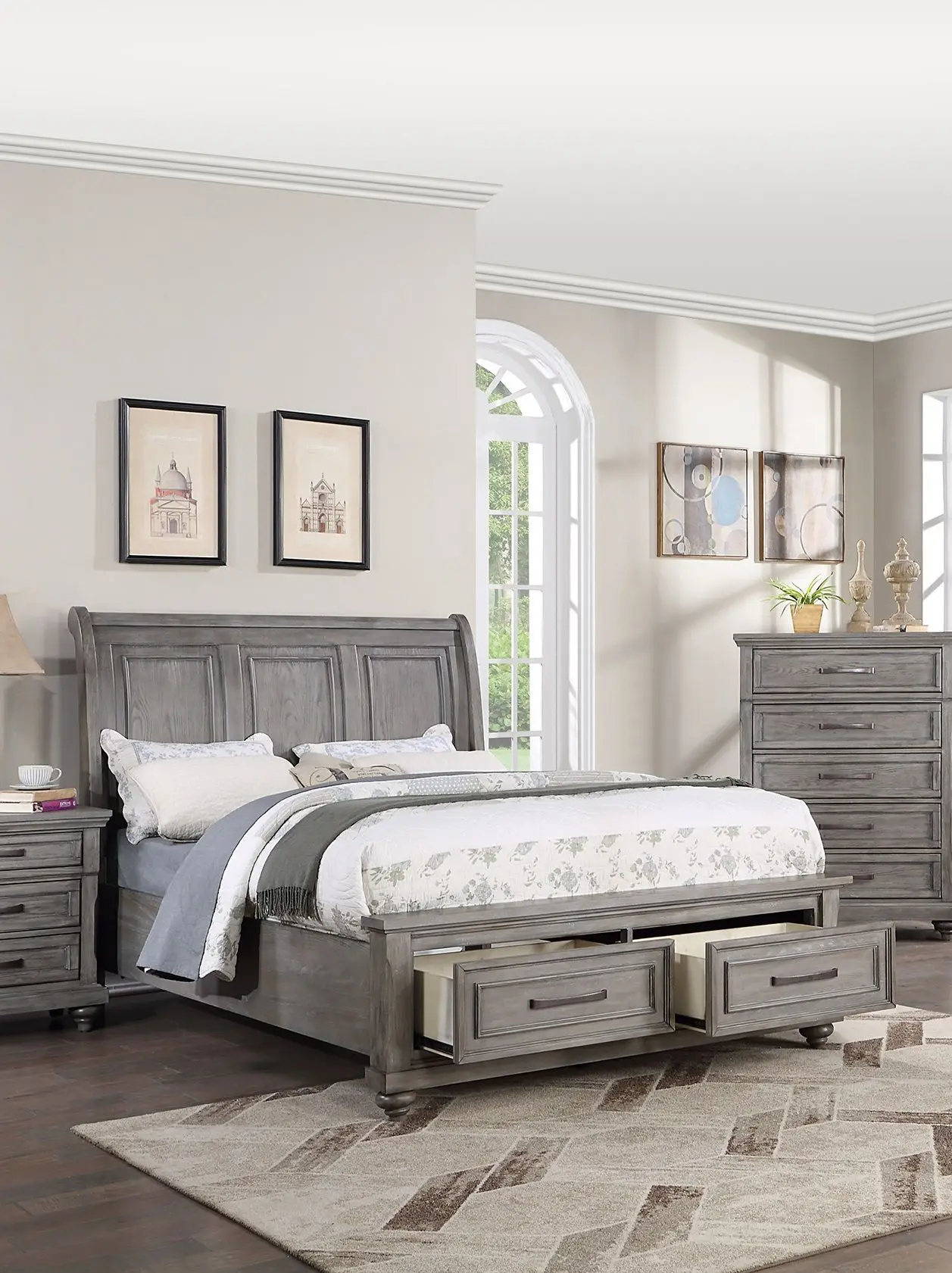 

Queen Size Bed w Underbed Drawer Vintage Look Gray Color Beautiful Panel 1pc Bedframe Bedroom