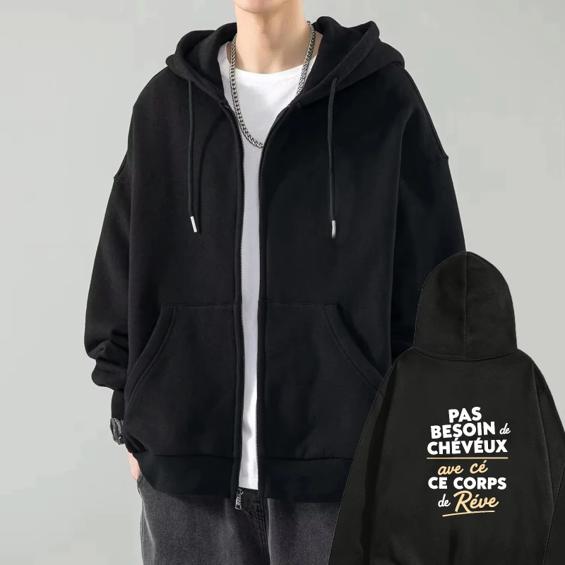 

Mens Hooded Jacket Black French Text Print Pas Besoin De Cheveux With Dream Body Streetwear Casual Outfit For Daily Wear And Fas