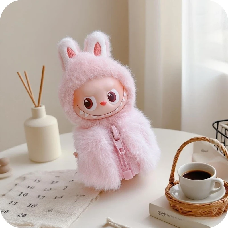 Cute Furry Bunny Hat Vest Set  for Labubu 4.0 Fashionable Pink Bow Bunny for 10cm Ladbubu V4 Dolls Accessories