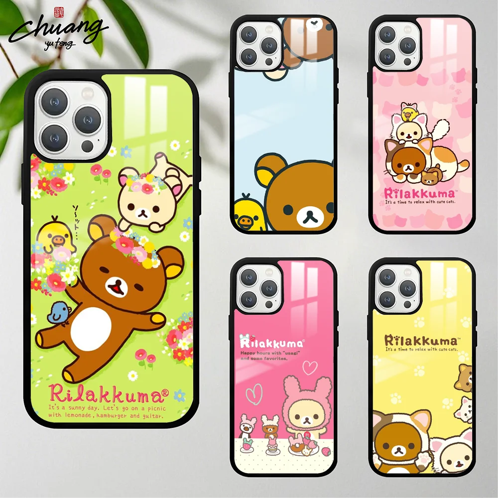 

Anime Cute Cartoon Rilakkuma Phone Case For 11 12 13 14 15 16Pro Max mini Plus Frosted mirror Phone Cover