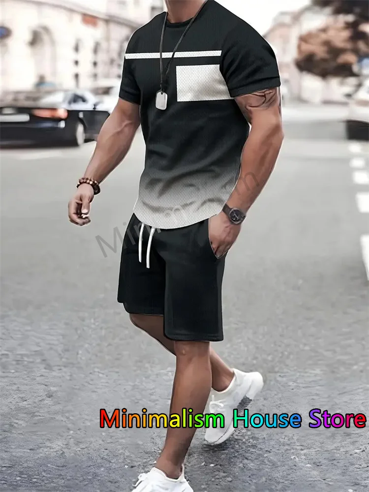 New Summer Men's Sportswear Stripe Sets Short-sleeved T-shirt Suit Oversized Shorts Training Two-piece Outfit Male Clothes