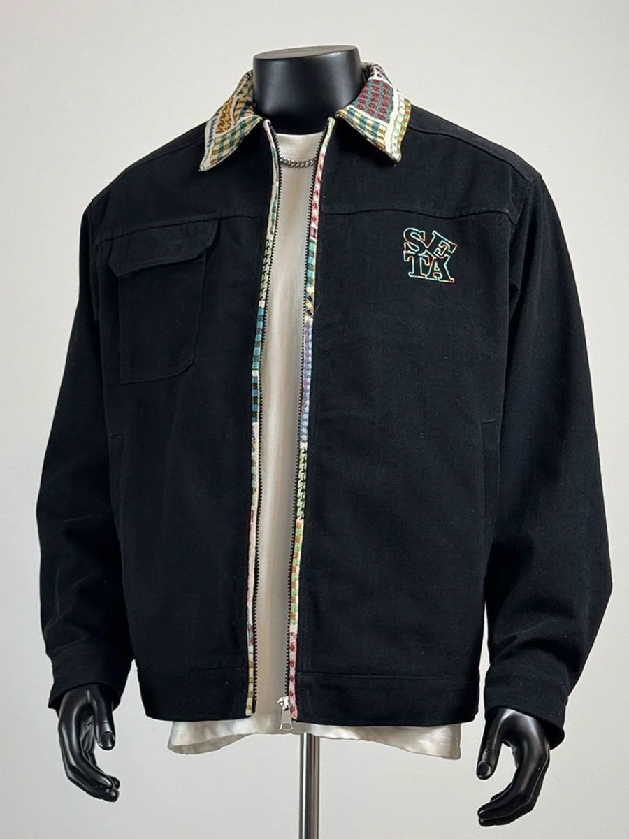 Men's Vintage Ethnic Patchwork Corduroy Jacket Cargo Lapel Collar Zip Up Coat Colorful Plaid Contrast Spring Fall Zip Streetwear