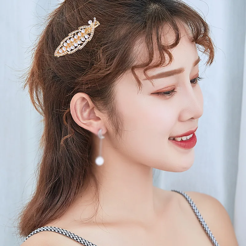 Hair Clips Trend Leaf Feather Barrettes for Women Crystal Pearl Alligator Hairpin Headwear Fashion Hair Accessories Jewelry Gift