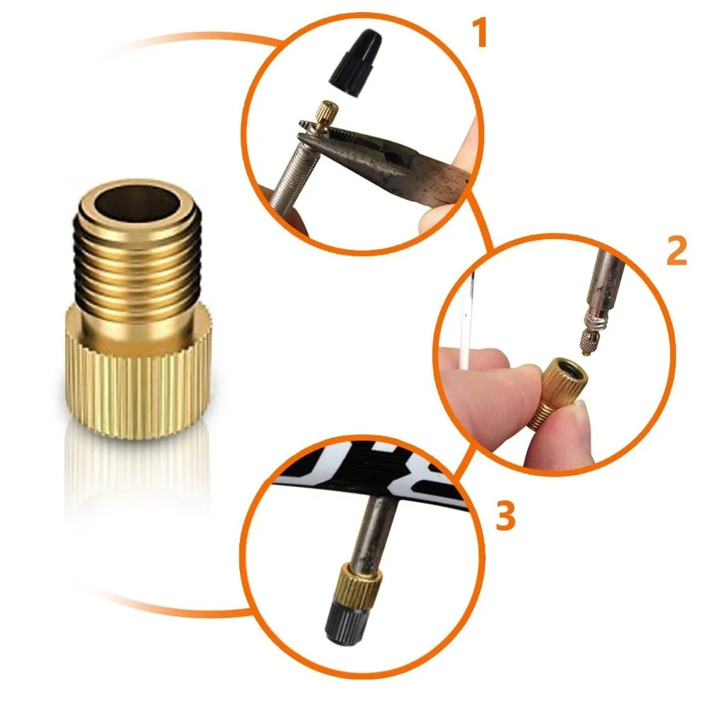 Pack of 5pcs with 10pcs Caps Bicycle Valve Conversion Head Set Copper Screw on Type Convert Presta to Schrader Air Nozzle Cap