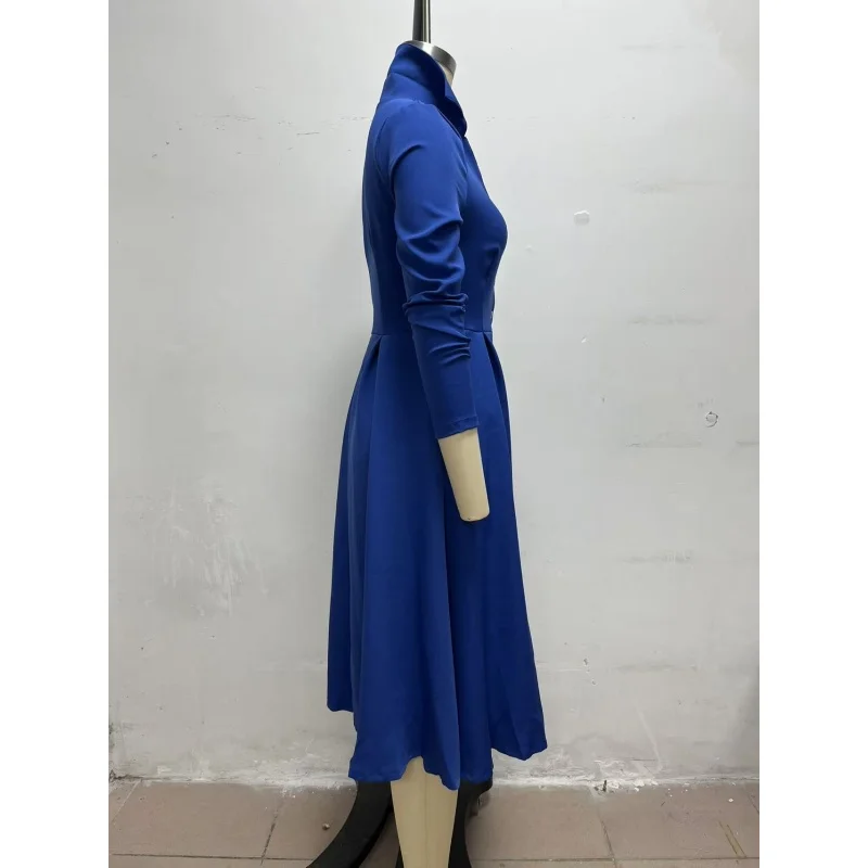 Elegantes Damen-Midikleid mit Hemdkragen, langen Ärmeln, V-Ausschnitt, Knopfleiste vorne, A-Linien-Schnitt, ausgestellter Rock und Taschen – ideal für Büro, Party oder formelle Anlässe. – Detail 13