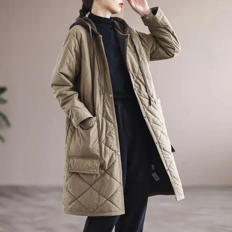 2024 New Cotton Coat Mid-length Fashion Cotton Outcoat Female Jacket   Autumn Winter Women\'s Hooded Windbreaker Outerwear