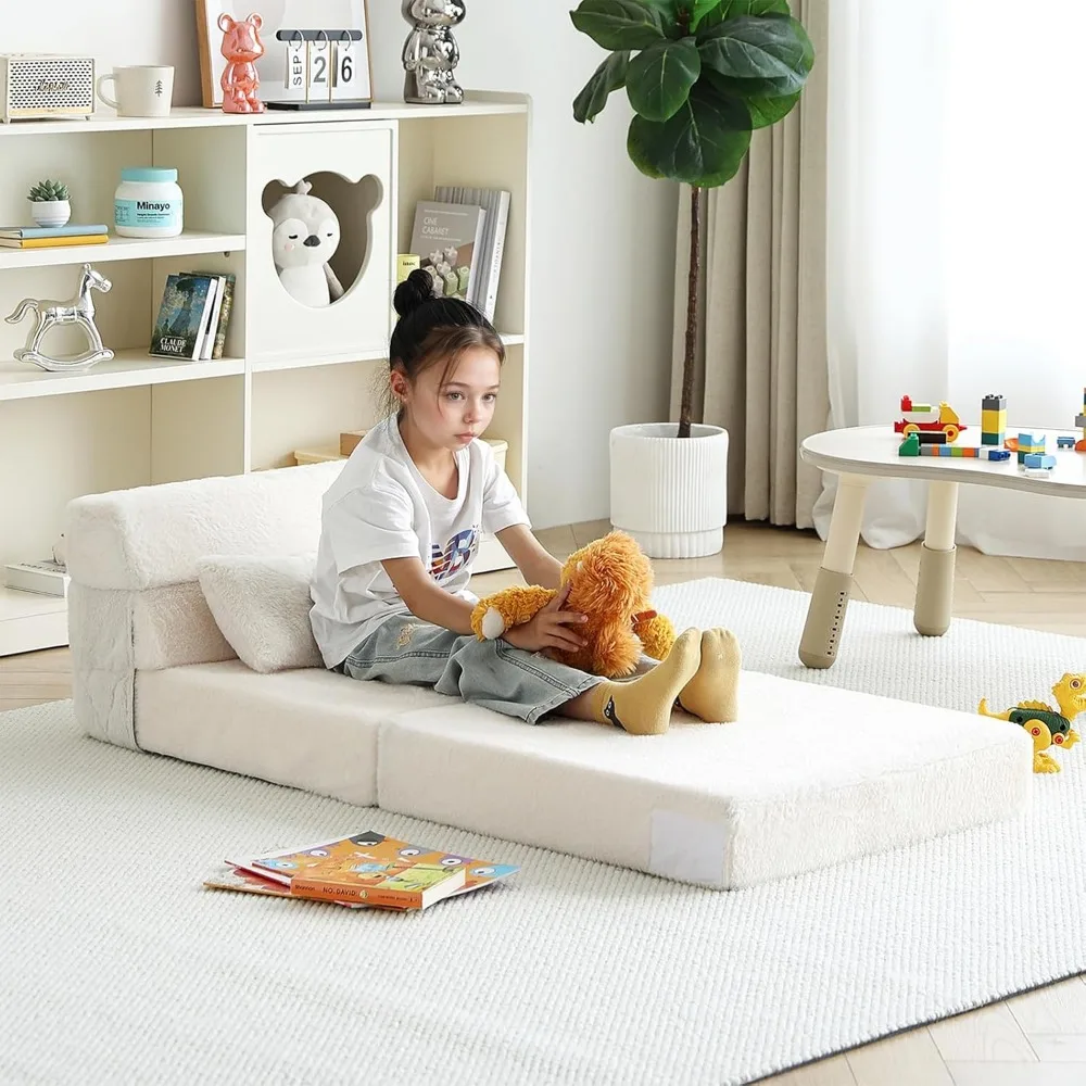 أريكة سرير للأطفال قابلة للتحويل مع مرتبة رباعية الطي، وسادة، أريكة قطيفة، تخزين محمول، كرسي للاسترخاء المريح