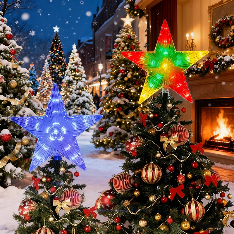 15cm Christmas Glowing Tree Topper Five-pointed Star Transparent LED Shining Lamp Xmas Colorful TopStar Ornaments Navidad Decora