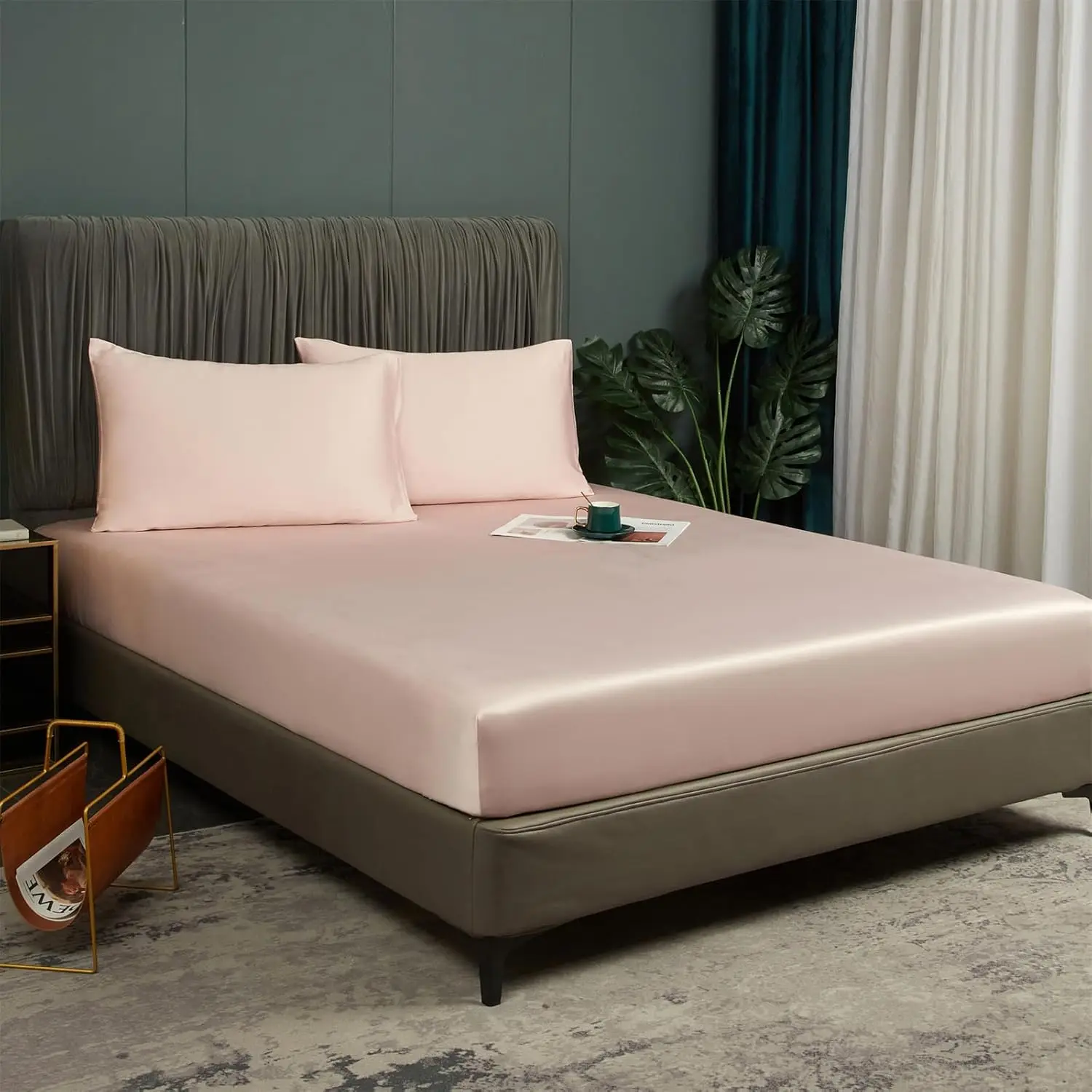 

2 Pcs Cooling Fitted Sheet Twin Blush Pink, 100% Viscose Derived From Bamboo Bed Bottom Fitted Sheet Set With Elastic Deep