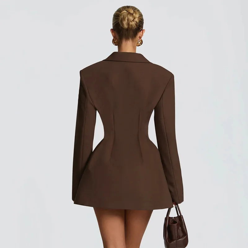 Neu eingetroffen: Elegantes Blazerkleid in Uni-Farbe mit tiefem V-Ausschnitt und tailliertem Schnitt für Damen – Detail 28
