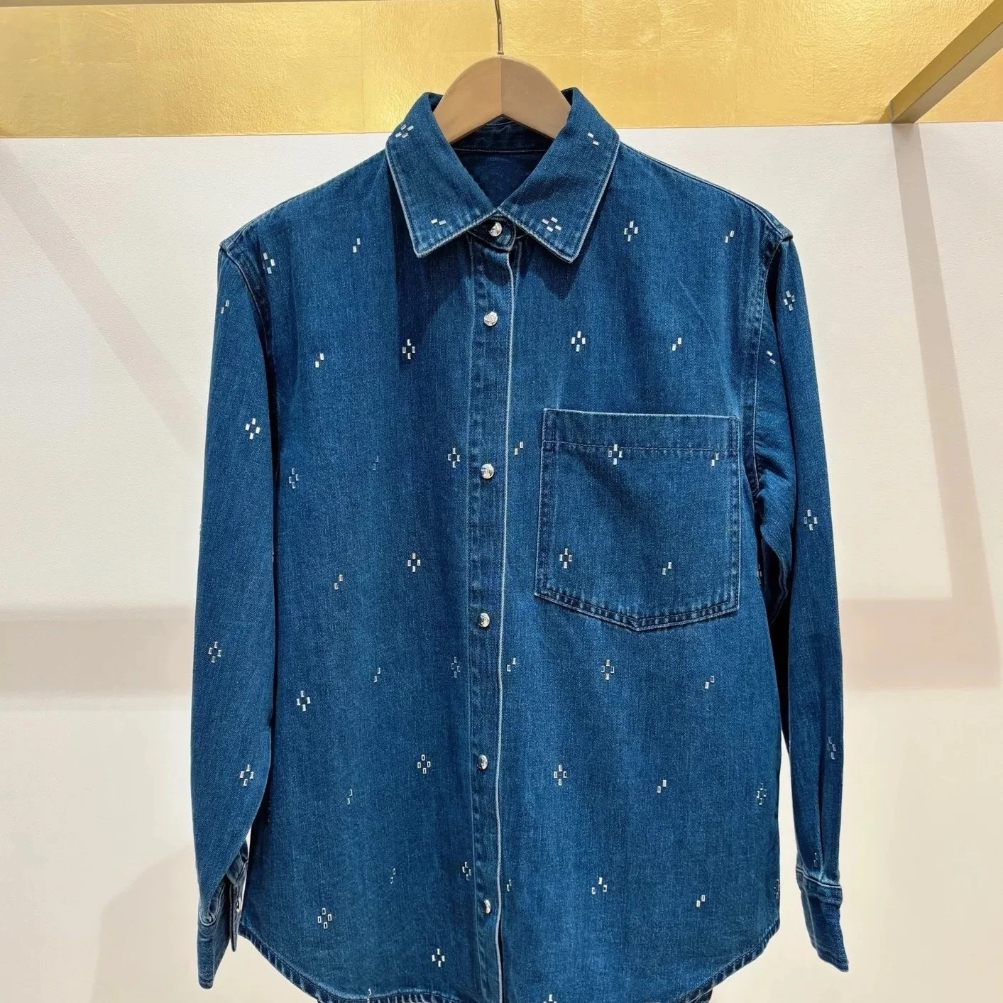 Spring 2026 Loose Fit Long Sleeve Crystal Embroidery Cotton Denim Shirt Geometric Pattern French Style Women's Open Cardigan