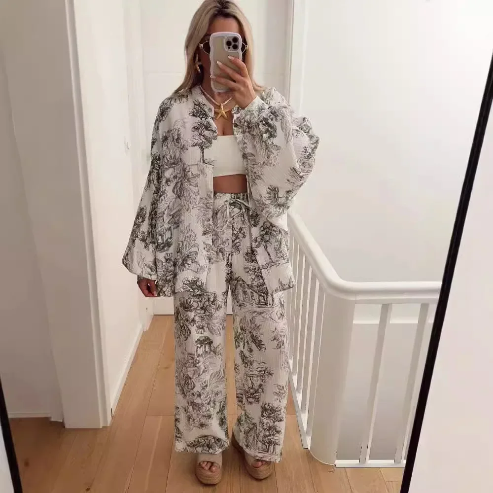 

Новый модный элегантный повседневный комплект-двойка для женщин: европейский и американский дизайн, длинный рукав, брюки с высокой талией и прямым кроем, 2026