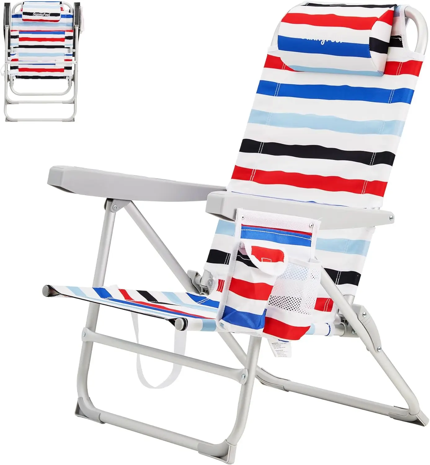 

Portable Folding Beach Chair with Reclining Position, Lightweight Camping Lounger for Outdoor Use in Red Blue White Stripes
