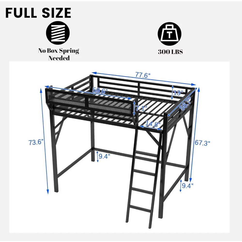 Loft Bed with Storage & Ladder, Metal Full Size Bed with Storage Shelves, Heavy-Duty Frame with Large Under-Bed Space