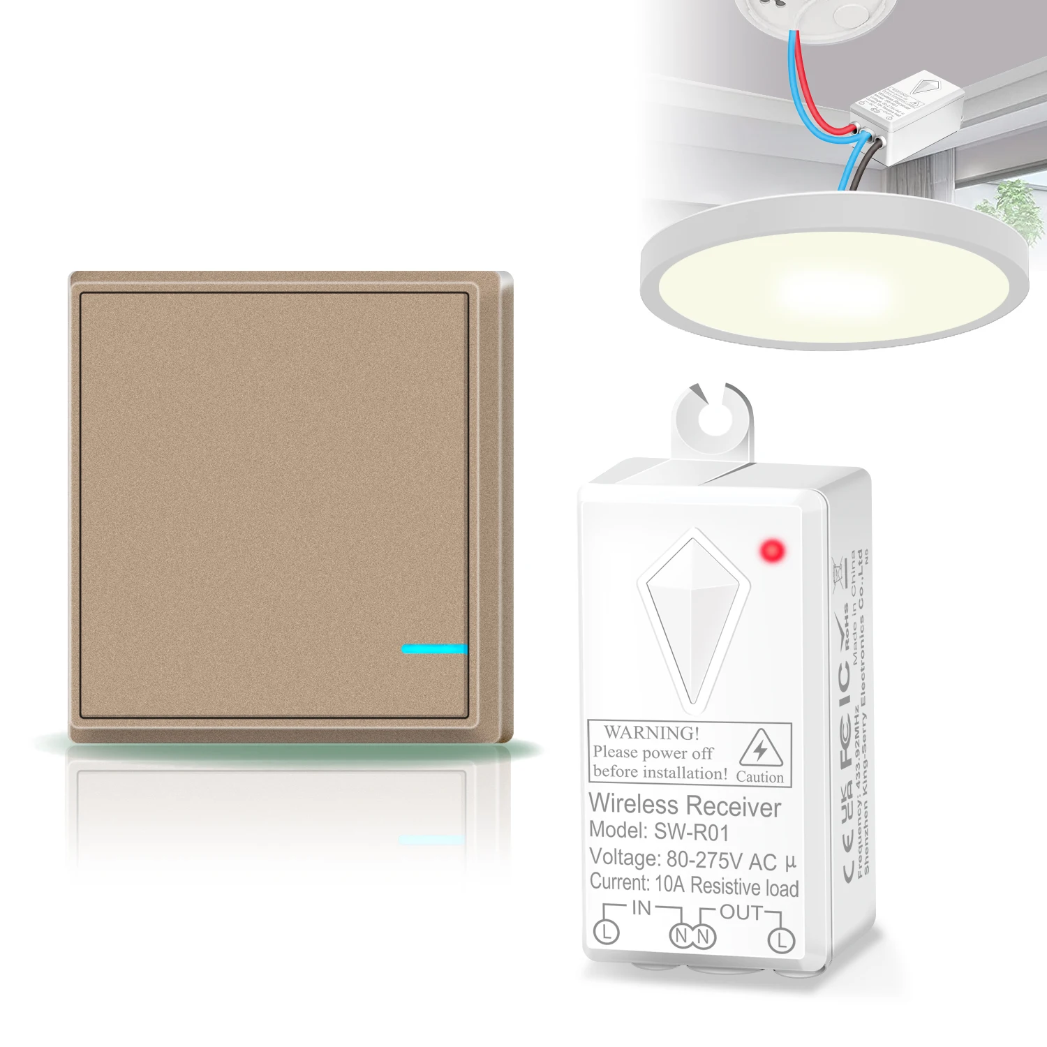 

Home Decoration Remote Switch 1 Set IP66 1000W Light Emitting Diode Control & RF433 10A Restaurant Wireless Light Switch