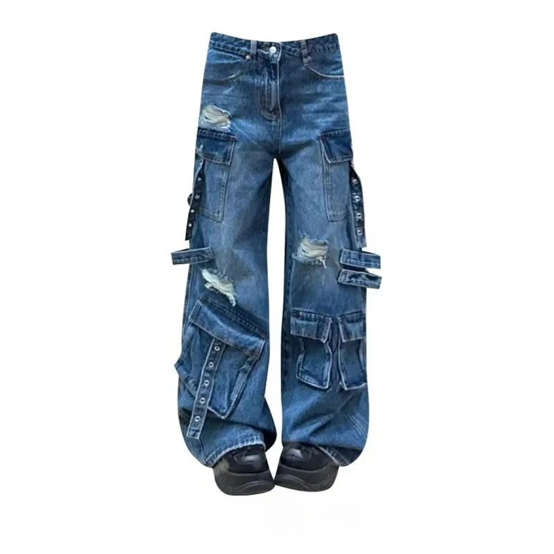 Vintage zerrissene Harajuku lose Jeans Y2K Damage Emo Wide Leg Trashy Pants Damen Grunge Lace-up Baggy Distressed Denim Hose