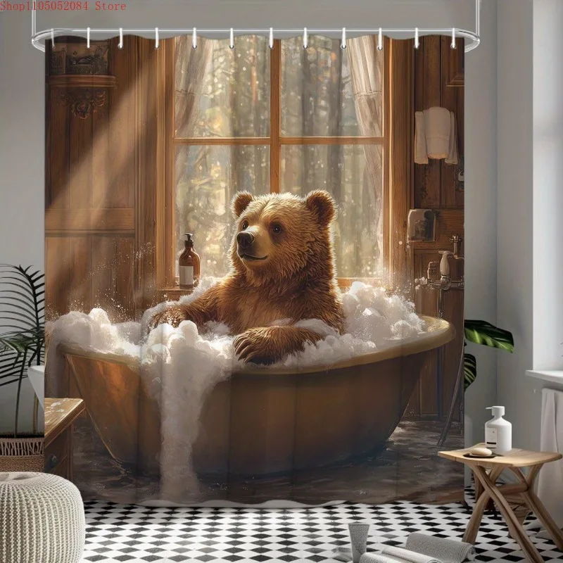 cortina-de-chuveiro-com-estampa-de-urso-engracada-urso-marrom-animal-selvagem-com-ganchos-impermeavel-a-prova-de-mofo-facil-de-instalar-lavavel