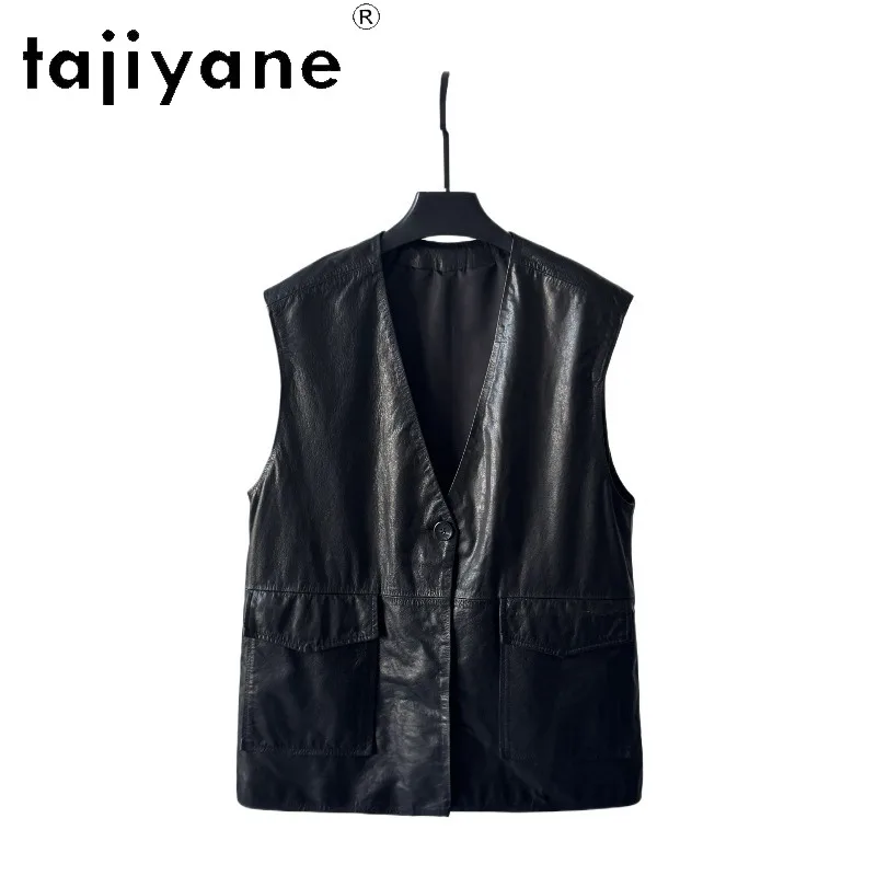 TAJIYANE Top Layer Cowhide Genuine Leather Jacket Woman V-neck Leather Vest Sleeveless Cargo Jackets for Woman Vestes Femmes New