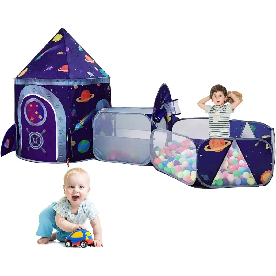 3pc Space Ship Play Tent Crawl Tunnel Ball Pit for Toddlers Indoor Outdoor Playhouse Castle Toys Baby Boys Girls for 3 4 5 6 7