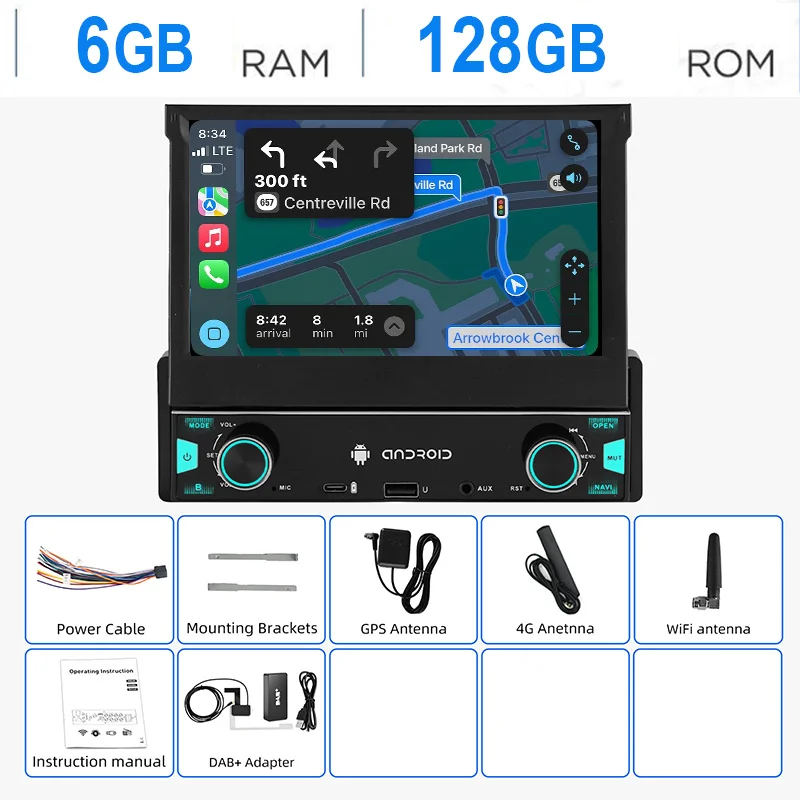 ESSGOO Autoradio Android15 7" 6+128 GB 1 DIN Handmatig Intrekbaar Uitklapbaar Aanraakscherm 4G LTE Draadloze CarPlay Android Auto RDS Equalizer GPS Navigatie WiFi Bluetooth FM AM Mirror Link