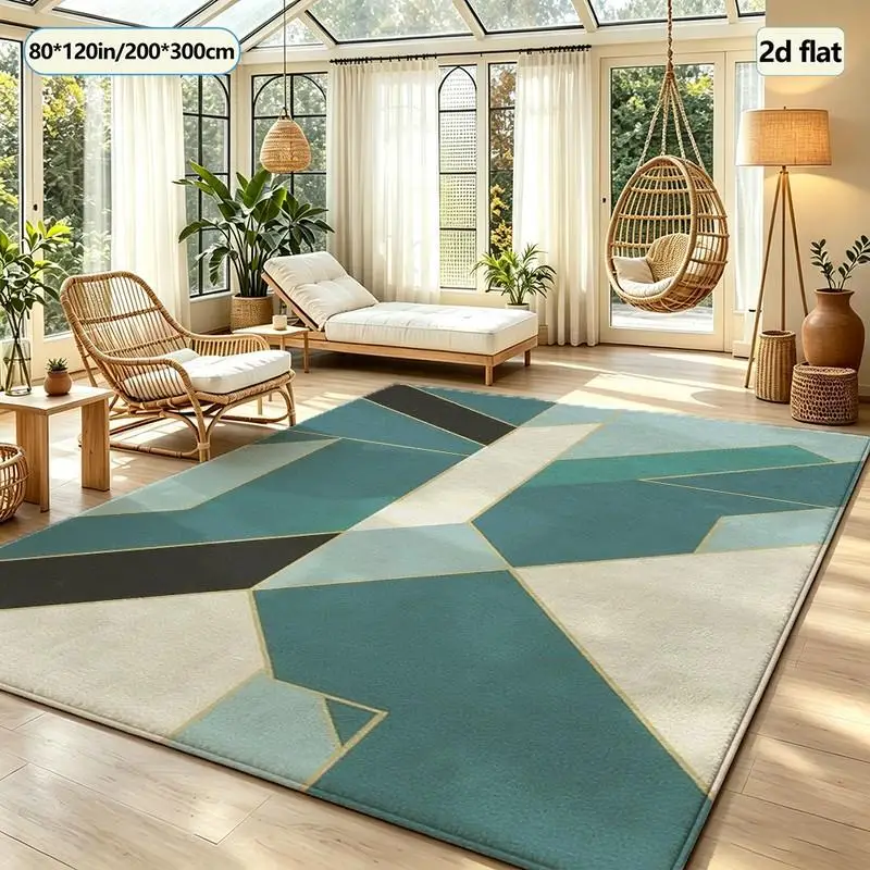 Teal Green Gold Thread Geometric Pattern Carpet Flooring Mid-Century Modern Home Interior Living Room Bedroom Floor Carpet