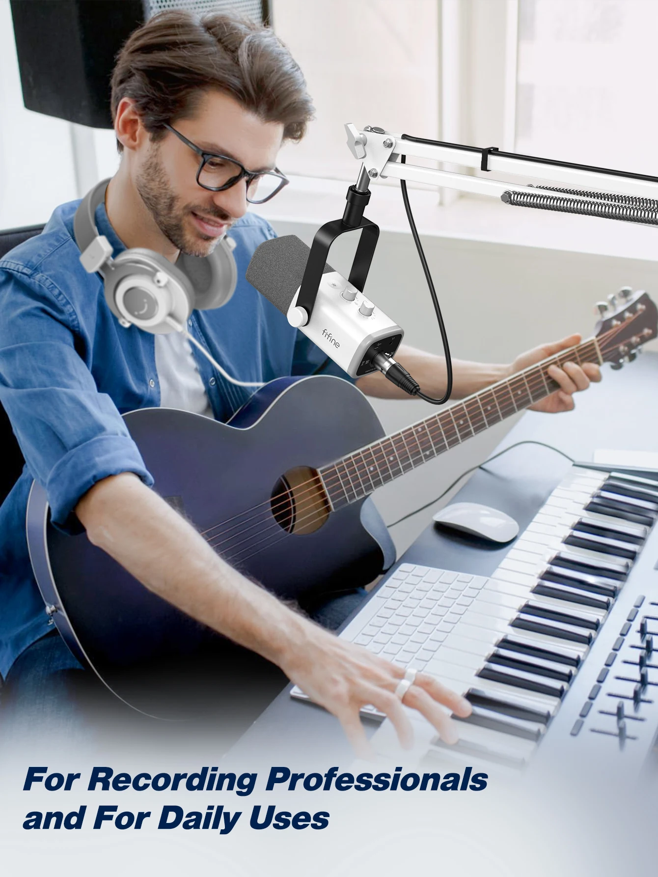 AmpliGame by FIFINE Metal Microphone Stand – Sturdy,Universal Mount Compatible for Studio, Streaming & Podcast Setup-CS1W White