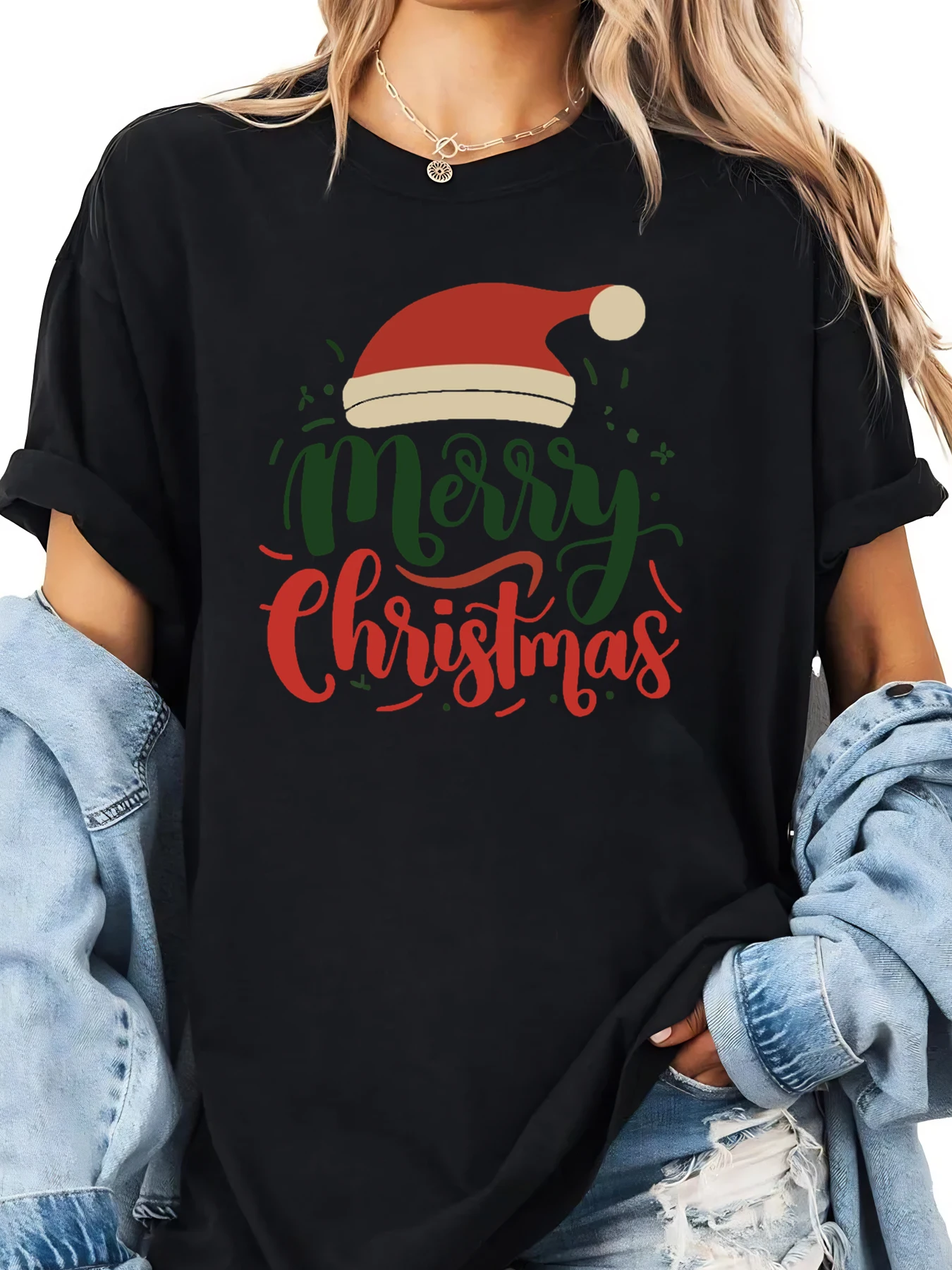 

Merry Christmas Santa Hat Print Holiday T-Shirt Women Casual Party Wear Black Plus-size