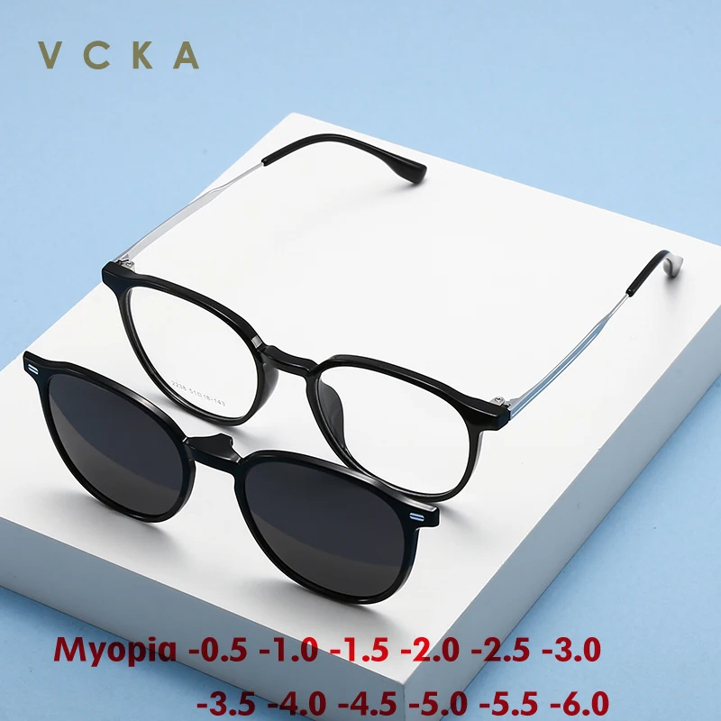 

VCKA 2 в 1, модные женские поляризационные солнцезащитные очки для близорукости, мужские очки с магнитным зажимом, круглая оправа, оптические очки UV400 от -0,5 до-10
